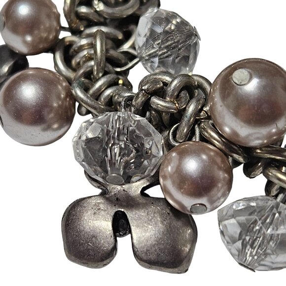 Elegant Silver Tone Beaded Flowers Chunky Cluster Chain Stretch Bracelet Jewelry - Picture 2 of 4